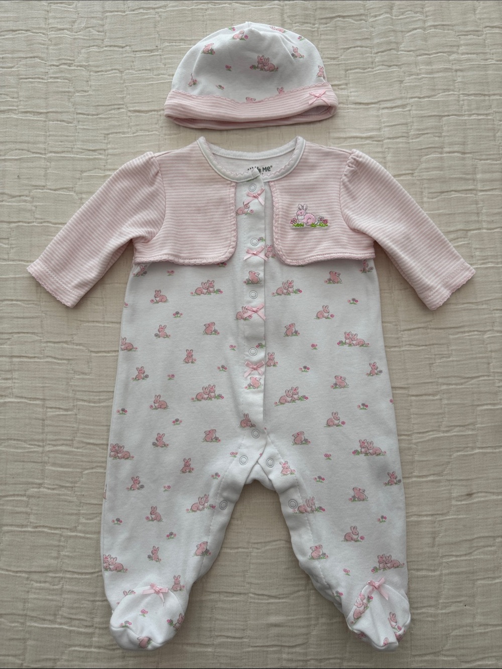 Little Me 2 Pc Bunny Footie, Beenie Set - White/Pink, 3M
